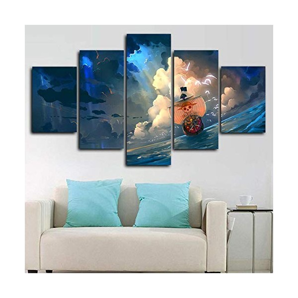 IIIUHU Impression sur Toile 5 Parties Tableau Tableaux One Piece The Thousand Sunny Anime Decoration Murale Photo Image Artis