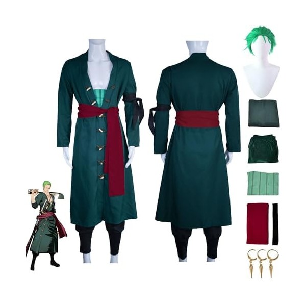 NIKKHO Anime One Piece Cosplay Set, Roronoa Zoro Cosplay Uniforme, Costume De Fête De Carnaval Dhalloween, Avec Perruque Bou