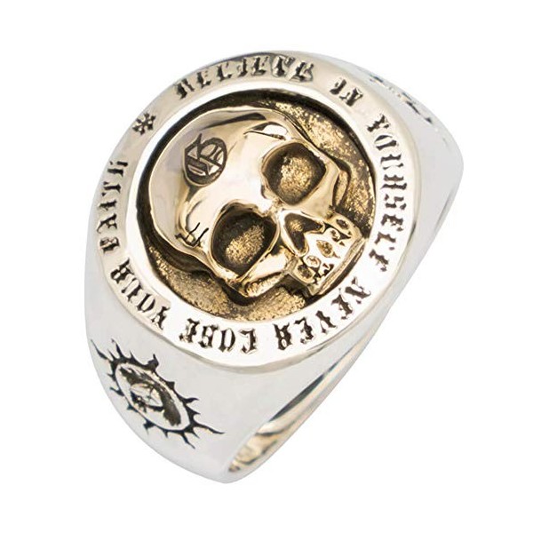 Bague tête de Mort Skull dor avec Totem Soleil en Argent Sterling 925 pour Homme Femme Taille réglable