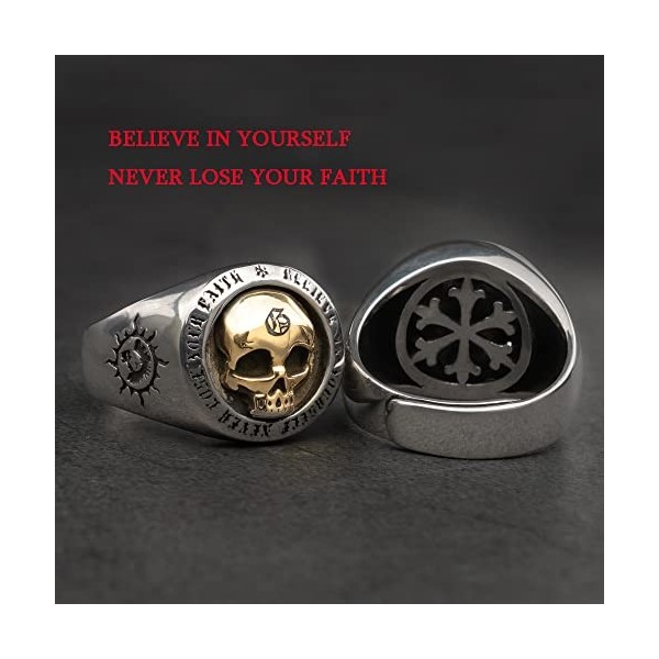 Bague tête de Mort Skull dor avec Totem Soleil en Argent Sterling 925 pour Homme Femme Taille réglable