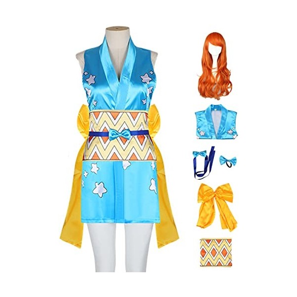 Foanja Nami Déguisement Femmes Cosplay Nami Anime Sexy Kimono Robe et Perruques pour Adulte Dress up Halloween Carnaval Anniv