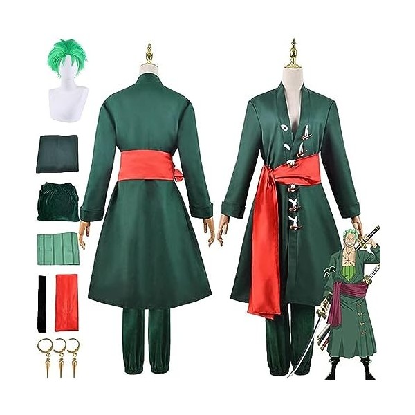 SZYDM Anime One Piece Roronoa Zoro Cosplay Tenue avec perruque, robe verte cape pantalon boucles doreilles ensemble complet 