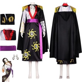 RUIZE Anime One Piece Boa Hancock Cosplay Costume avec Boucles Doreilles, Noir Uniforme Robe Cape Ensemble Complet Tenue, Fe