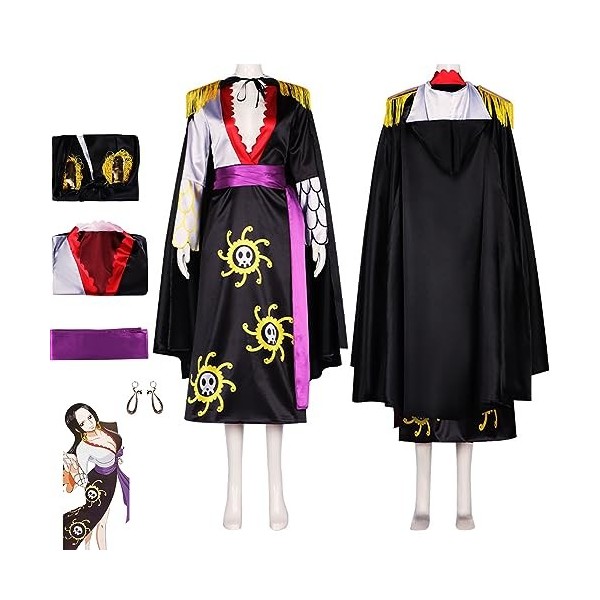 RUIZE Anime One Piece Boa Hancock Cosplay Costume avec Boucles Doreilles, Noir Uniforme Robe Cape Ensemble Complet Tenue, Fe