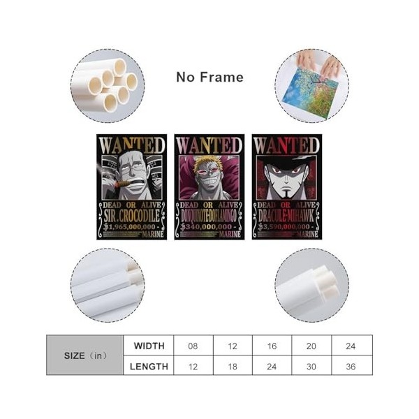 Poster One Piece Wanted Mihawk Crocodile Doflamingo - Impression sur toile - Affiches dœuvres dart - Esthétique - 60 x 90 c