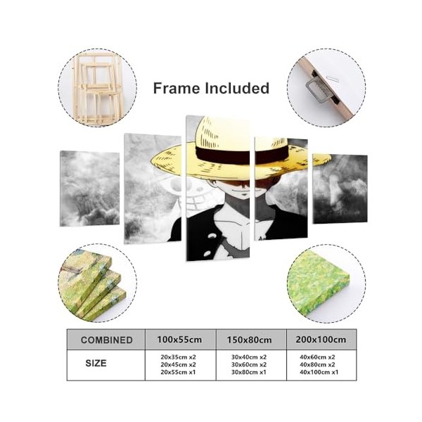 GUANGFAN Impressions Sur Toile Puzzle Impression Sur Toile Encadrée 5 Pcs Wall Art Poster Home Decor - One Piece Monkey D.Luf