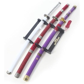 RKS DIFFUSION Pack 3 Katanas One Piece en Bois Lame en Bois Zoro Sabre Epee Enma Wado Kitetsu Cosplay Camping + Presentoir en