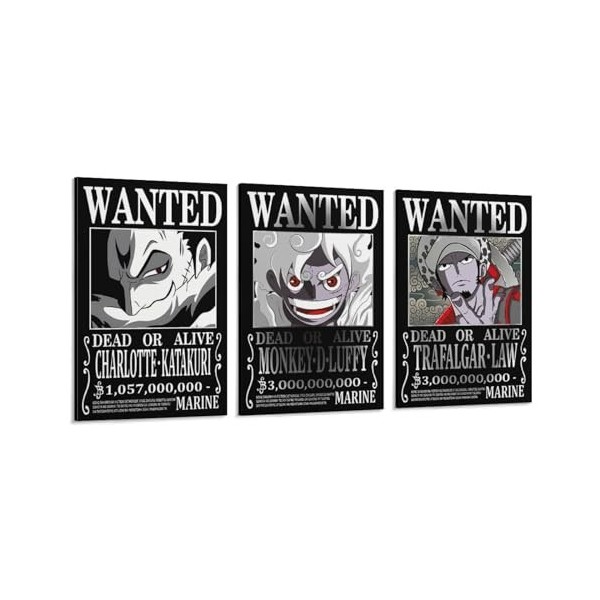 Poster One Piece Wanted Luffy Law Katakuri - Décoration murale - Impression sur toile - 60 x 90 cm