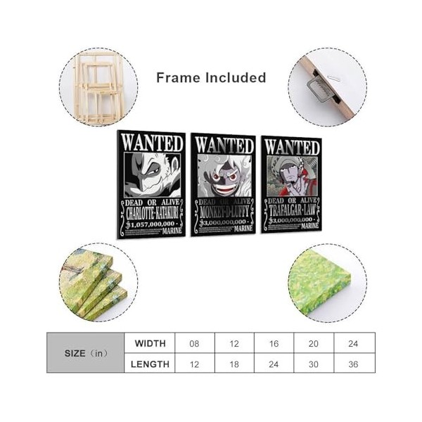 Poster One Piece Wanted Luffy Law Katakuri - Décoration murale - Impression sur toile - 60 x 90 cm