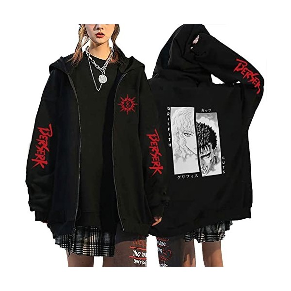flowereyes Anime Berserk Sweat à Capuche zippé Sweat Berserk Cosplay Cardigan Sweat Guts Veste à Capuche décontractée pour Ho