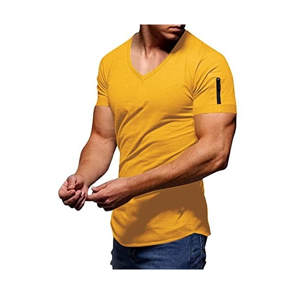 T-shirt pour homme - Blanc - T-shirt dété à manches courtes - Avec col en V - Respirant - Décontracté - T-shirt de sport pou