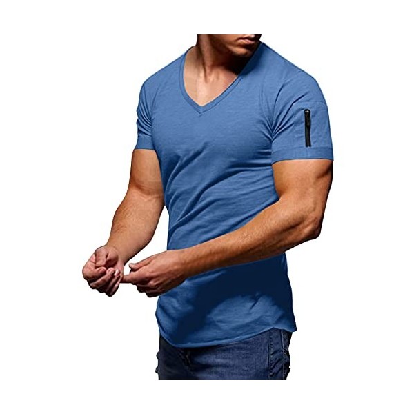 T-shirt pour homme - Blanc - T-shirt dété à manches courtes - Avec col en V - Respirant - Décontracté - T-shirt de sport pou