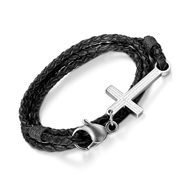 Flongo 2pcs Bracelet Cuir Alliage Résine Lien Poignet Croix Prière Rétro Design Unique Fantaisie Bijoux Cadeau pour Femme Hom