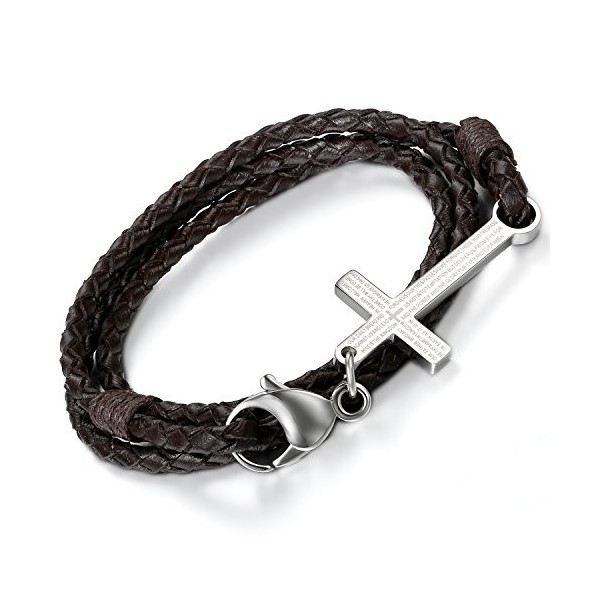 Flongo 2pcs Bracelet Cuir Alliage Résine Lien Poignet Croix Prière Rétro Design Unique Fantaisie Bijoux Cadeau pour Femme Hom