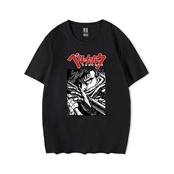 XSLGOGO Anime Berserk Guts Harajuku T-Shirt The Black Swordsman Décontracté Hauts à Manches Courtes Col Rond T-Shirt pour Les