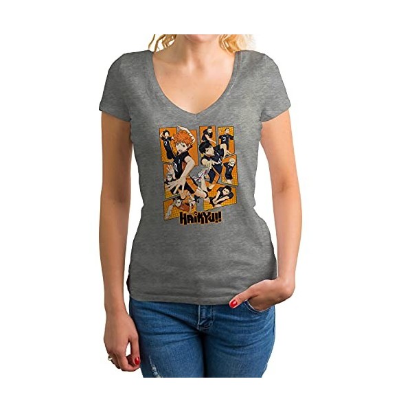 GR8Shop Karasuno High School Team Haikyu Chemise Femme col V Gris Size S