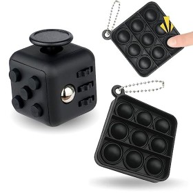 Yeefunjoy 2pcs Fidget Toy Jouet Cube Set, Cube Toy et Pop Push It Fidget Jouet Porte-clés, Décompression Jouets Cube Anti-Str