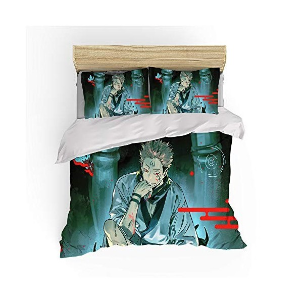 NICHIYO Jujutsu Kaisen Parure de lit 3 pièces avec housse de couette et taie doreiller, microfibre, impression numérique 3D 