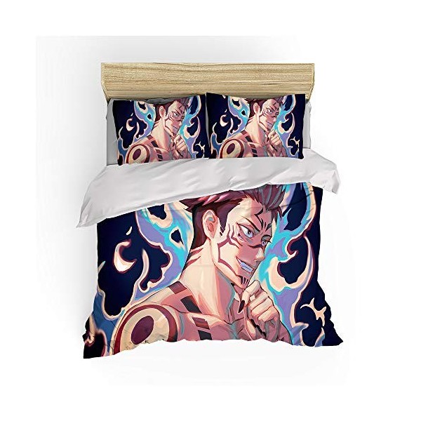 NICHIYO Jujutsu Kaisen Parure de lit 3 pièces avec housse de couette et taie doreiller, microfibre, impression numérique 3D 
