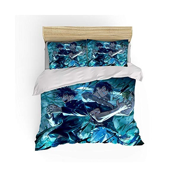 NICHIYO Jujutsu Kaisen Parure de lit 3 pièces avec housse de couette et taie doreiller, microfibre, impression numérique 3D 