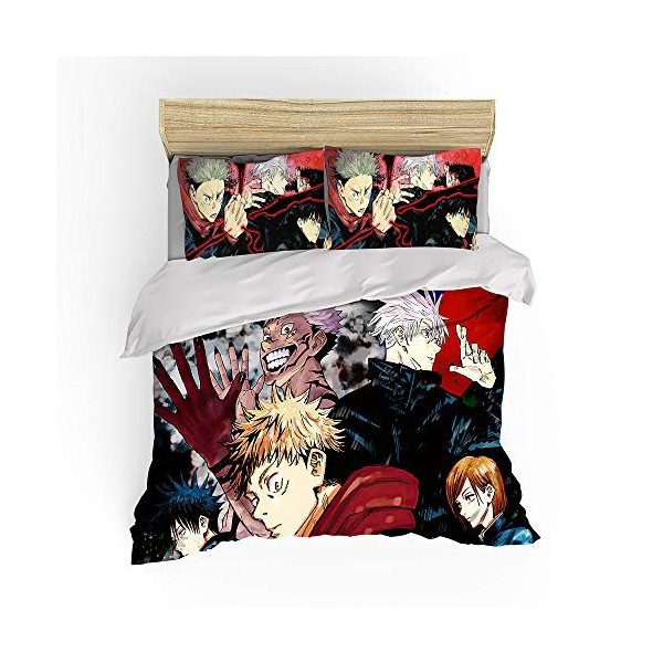 NICHIYO Jujutsu Kaisen Parure de lit 3 pièces avec housse de couette et taie doreiller, microfibre, impression numérique 3D 