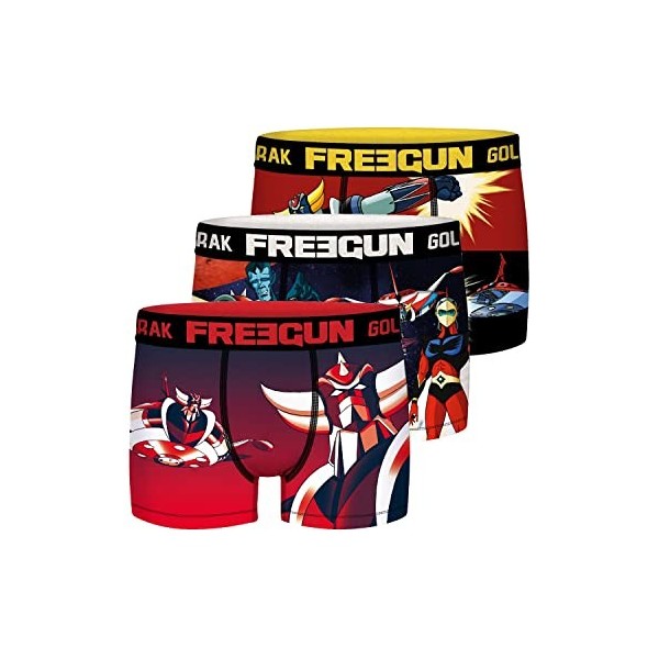 FREEGUN Caleçon Homme Agréable, Boxer Homme, GOLDORAK, sans Déformation et Maille Aérée Lot de 3 , Rouge, Gris, Bleu, Noir, 