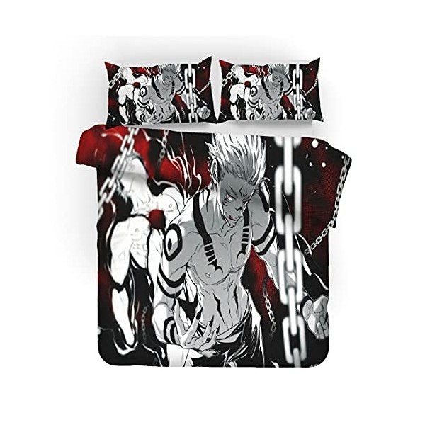 NICHIYOBI Jujutsu Kaisen Parure de lit 3 pièces avec housse de couette et taie doreiller, microfibre, impression numérique 3