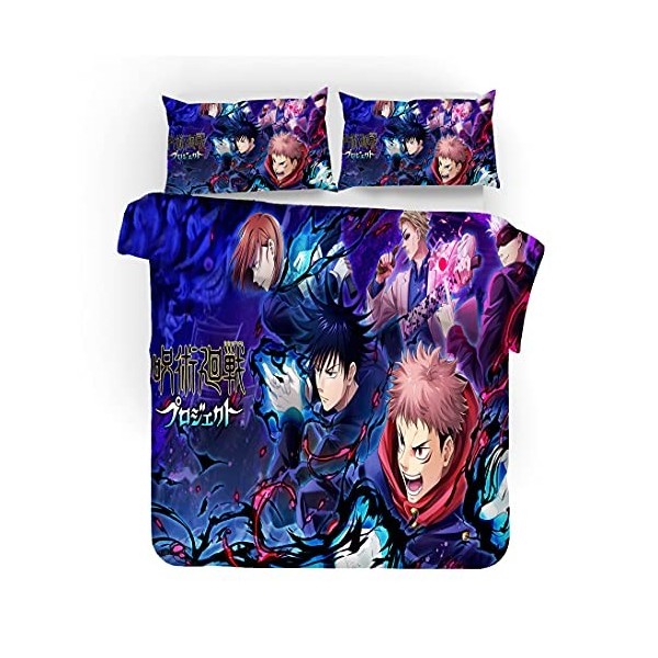 NICHIYOBI Jujutsu Kaisen Parure de lit 3 pièces avec housse de couette et taie doreiller, microfibre, impression numérique 3