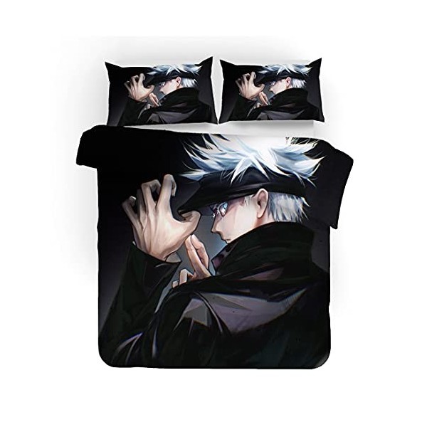 NICHIYOBI Jujutsu Kaisen Parure de lit 3 pièces avec housse de couette et taie doreiller, microfibre, impression numérique 3