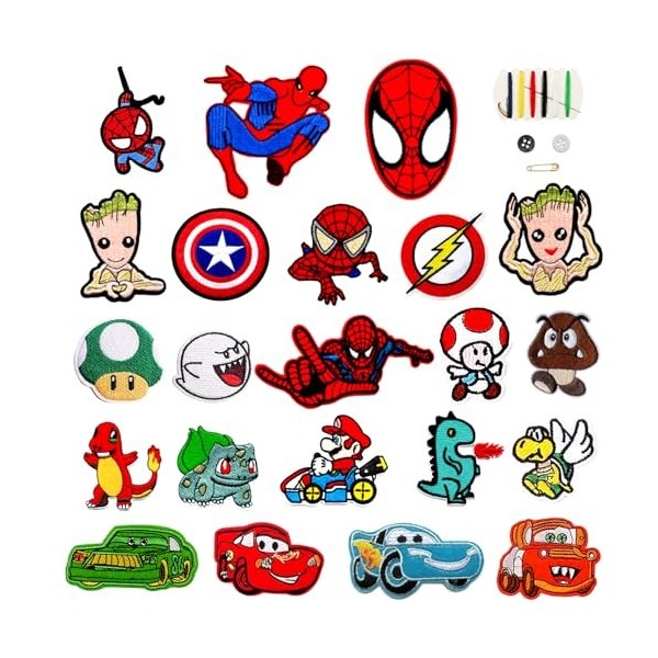 Lot de 22 Pièce Patch Thermocollant Vetement,Ecusson Thermocollant Enfant Spider Man,Ecusson a Coudre Super Mario,Renfort Gen