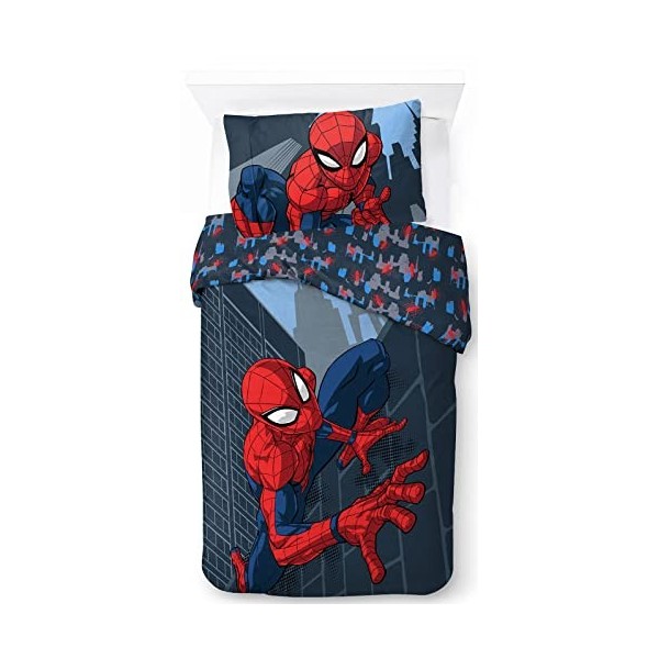 Jay Franco Marvel Spiderman Rues de la Ville, Parure de lit Enfant 200x200 cm, 100% Coton, lit 2 Places - Comprend 1 Housse d
