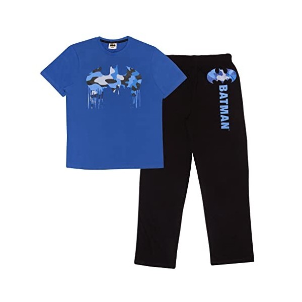 DC Comics Batman Camo Drip Logo Herren Lange Pyjamas Set Schwarz Blau XL | Dark Knight Superheld Nachtwäsche, Geburtstagsgesc