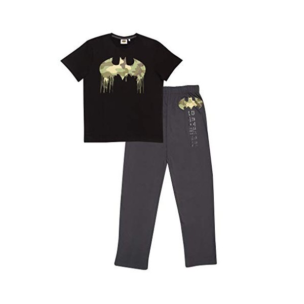 DC Comics Batman Camo Drip Logo Herren Lange Pyjamas Set Schwarz/Dunkelgrau M | PJs, Superheld Nachtwäsche, Geschenkidee für