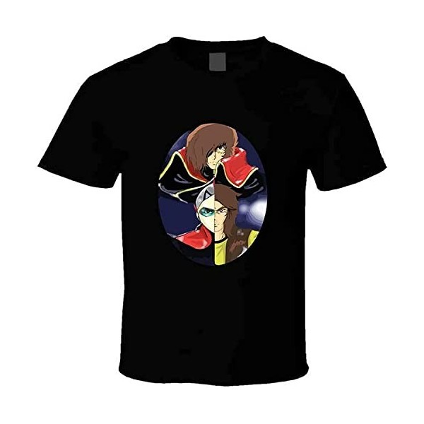 Mens Albator Captain Harlock Space Pirate and Actarus Duke Fleed Goldorak Grendizer T S Black T-Shirts à Manches Courtes X-L