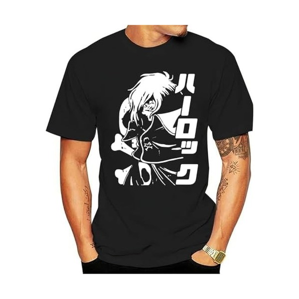 YUAI Superbe T-shirt en coton doux pour homme, motif pirate, capitaine Harlock, albator, noir, Noir , 3XL