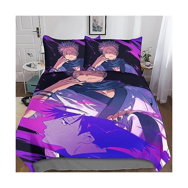 Jujutsu Kaisen Sets De Housses De Couettes 3D, Imprimé Microfibre Anime Parure De Lit 3 Pièces avec Fermeture Éclair Housse D