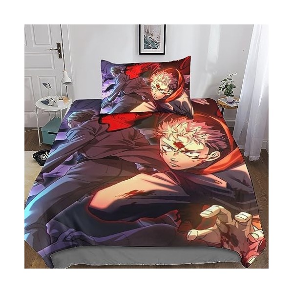 Jujutsu Kaisen Sets De Housses De Couettes 3D, Imprimé Microfibre Anime Parure De Lit 3 Pièces avec Fermeture Éclair Housse D