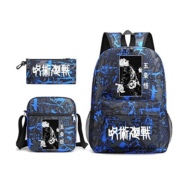 EyezeR Jujutsu Kaisens Lot de 3 sacs à dos imprimés pour étudiants avec sac à bandoulière, trousse à crayons, sac décole, sa
