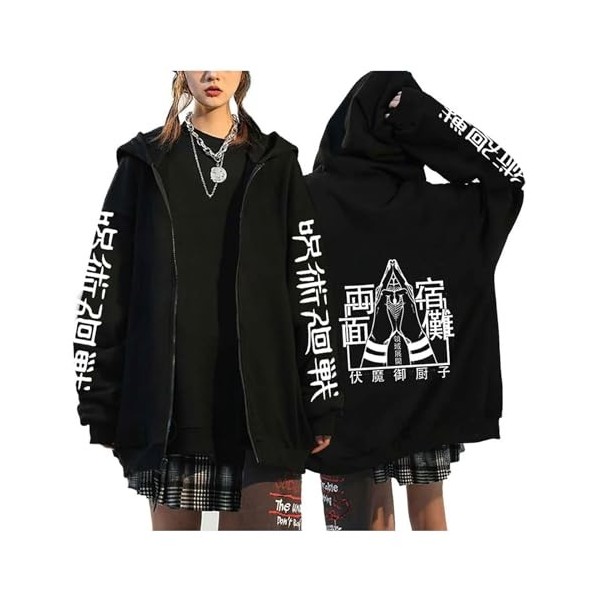 zhedu Jujutsu Kaisen Sweat À Capuche Zippé Imprimé Anime Harajuku Veste À Manches Longues Hip Hop Streetwear Zip Up Manteau S