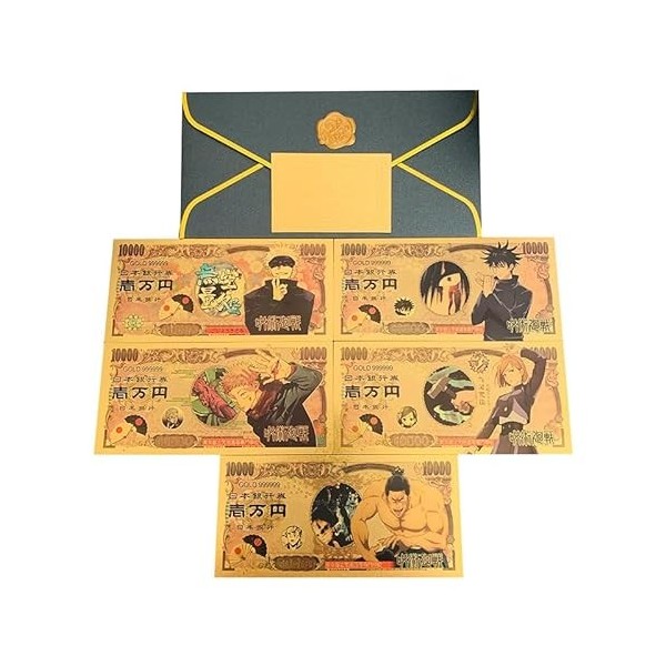 Jujutsu Kaisen Lot de 5 billets de banque commémoratifs autour de cadeaux dorés