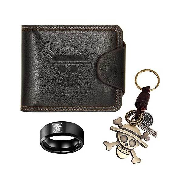 I3C Anime Portefeuille Porte Monnaie en Cuir pour Homme, Porte-clés, Anneau de crâne（Taille 9）, Straw Hat Luffy
