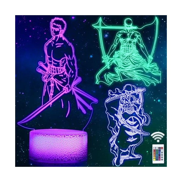 QQAAMZ One Piece Roronoa Zoro Lampe 3d Illusion Led Tactil Maison Enfant De Decoration Chambre One Piece Veilleuse Cadeau Luf