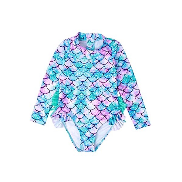 Little Kids Girl One Piece Swimwear Long Sleeve Swimwear Mermaid Print Shorts Bodysuit Swimming Bathing Set Blue, 5-6 Years 