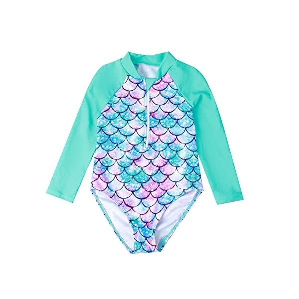 Little Kids Girl One Piece Swimwear Long Sleeve Swimwear Mermaid Print Shorts Bodysuit Swimming Bathing Set Blue, 5-6 Years 