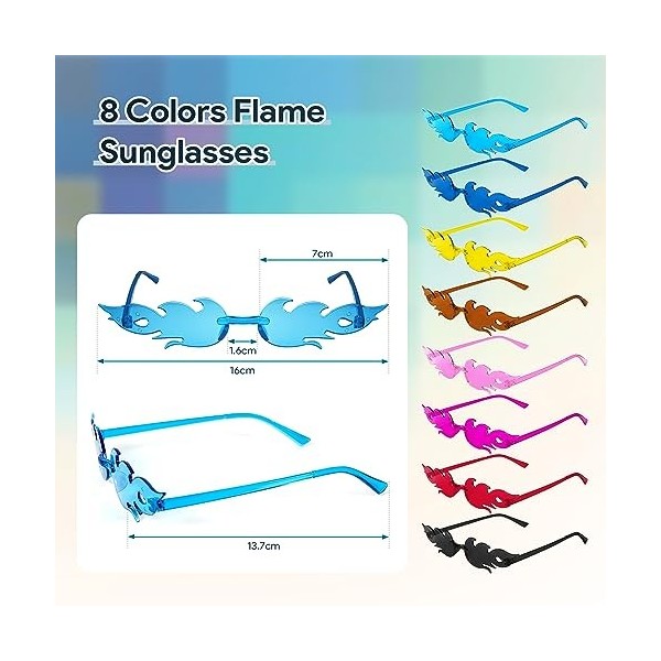 Clundoo Lot de 8 paires de lunettes de soleil colorées avec flammes pour fête masquée et décoration de fête, Taille unique