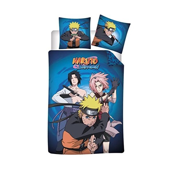 Aymax Parure de Lit Naruto Réversible, Housse de Couette 140x200 cm + Taie doreiller 63x63 cm, Bleu