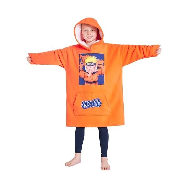 Naruto Pull Plaid Enfant, Sweat Oversize en Polaire, Poncho Plaid Doublé en Sherpa, Cadeau Anime Manga Enfant Ado