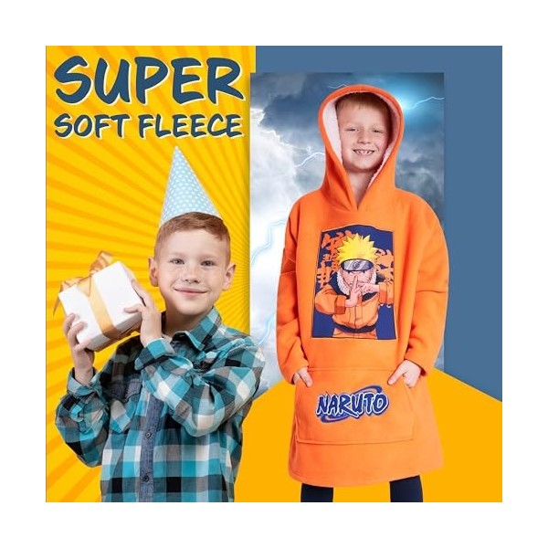 Naruto Pull Plaid Enfant, Sweat Oversize en Polaire, Poncho Plaid Doublé en Sherpa, Cadeau Anime Manga Enfant Ado