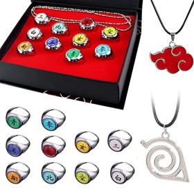 KEMIN 12 Pièces Anneaux Naruto Anime,Collier Pendentif Konoha + Collier Nuage Rouge Akatsuki Unisexe Hommes et Femmes Anime A