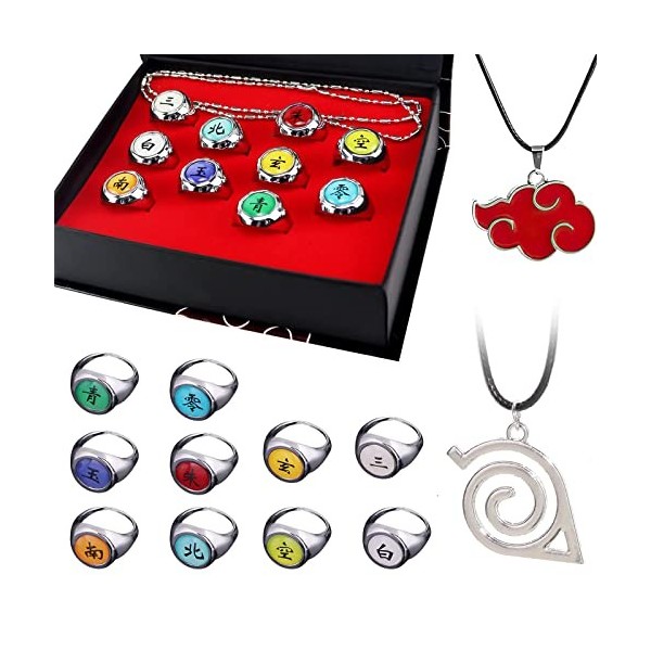 KEMIN 12 Pièces Anneaux Naruto Anime,Collier Pendentif Konoha + Collier Nuage Rouge Akatsuki Unisexe Hommes et Femmes Anime A